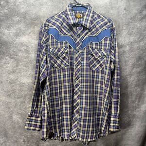 Kenny Rogers Plaid Western Pearl Snap Shirt Mens 17 35 Blue Ranch Cowboy Vintage